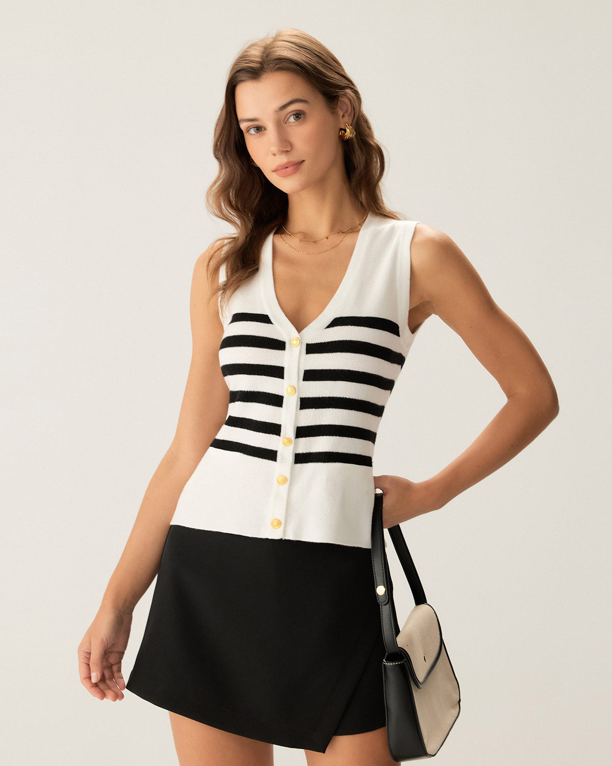 White Striped Button Tank Top