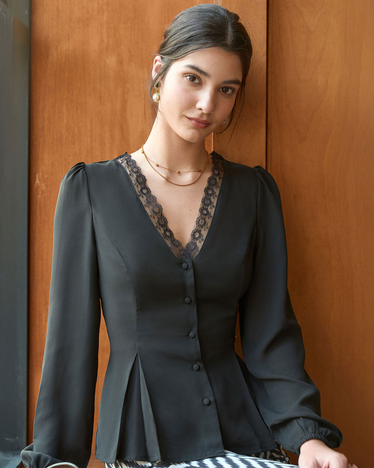 The Black V Lace Trim Button Blouse - Image 6