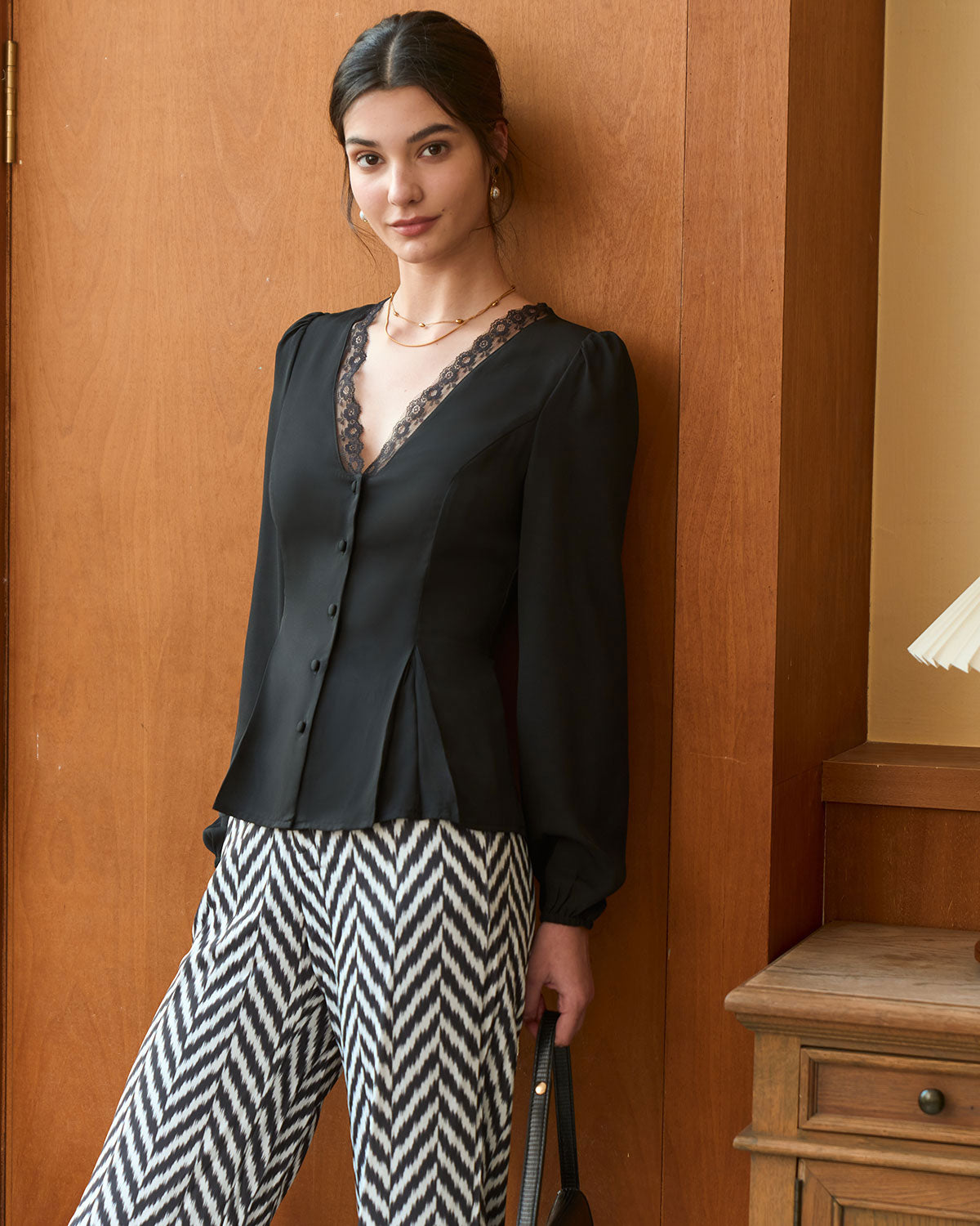 The Black V Lace Trim Button Blouse - Image 5