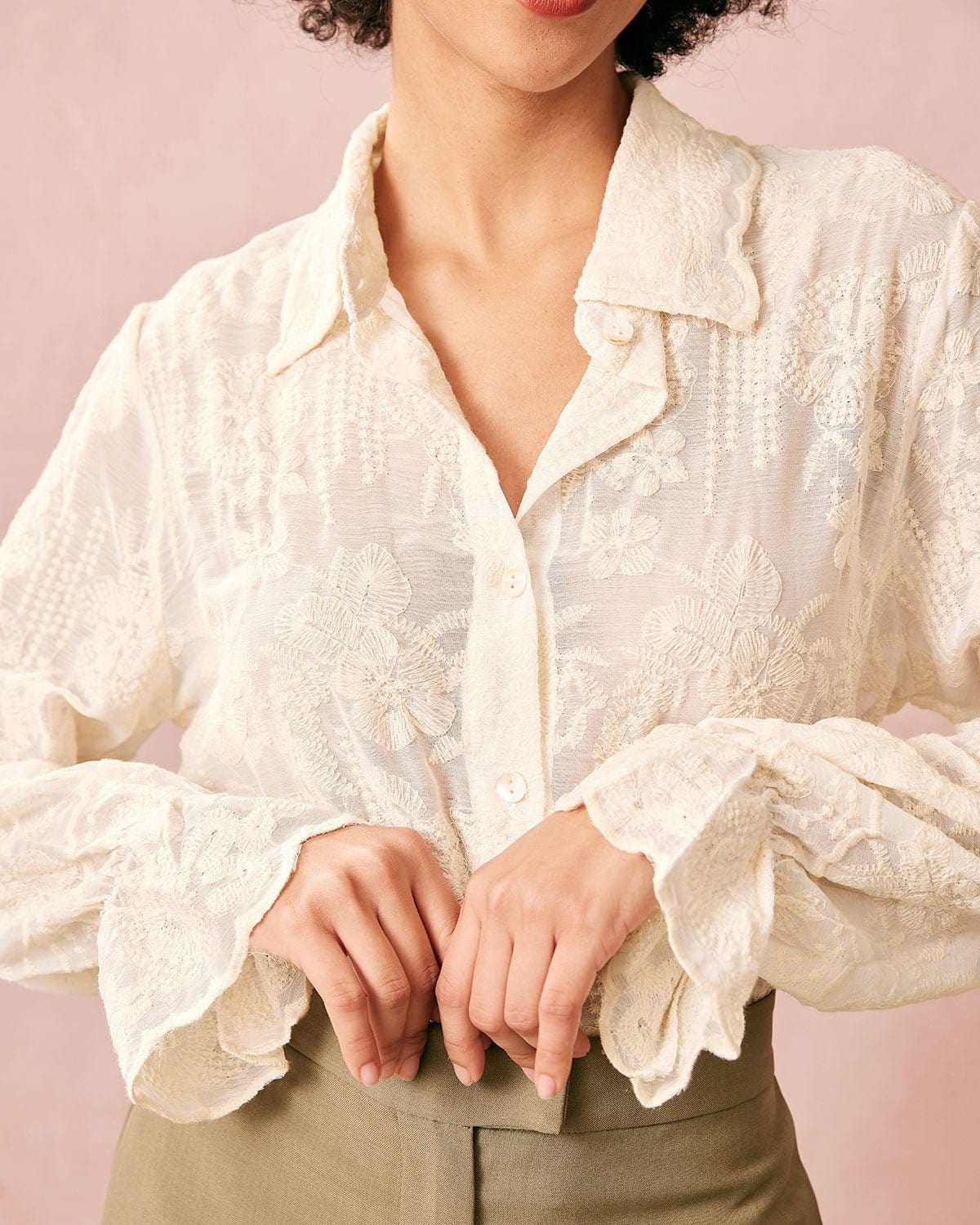 The Beige Lapel Embroidery Long Sleeve Blouse - Image 2