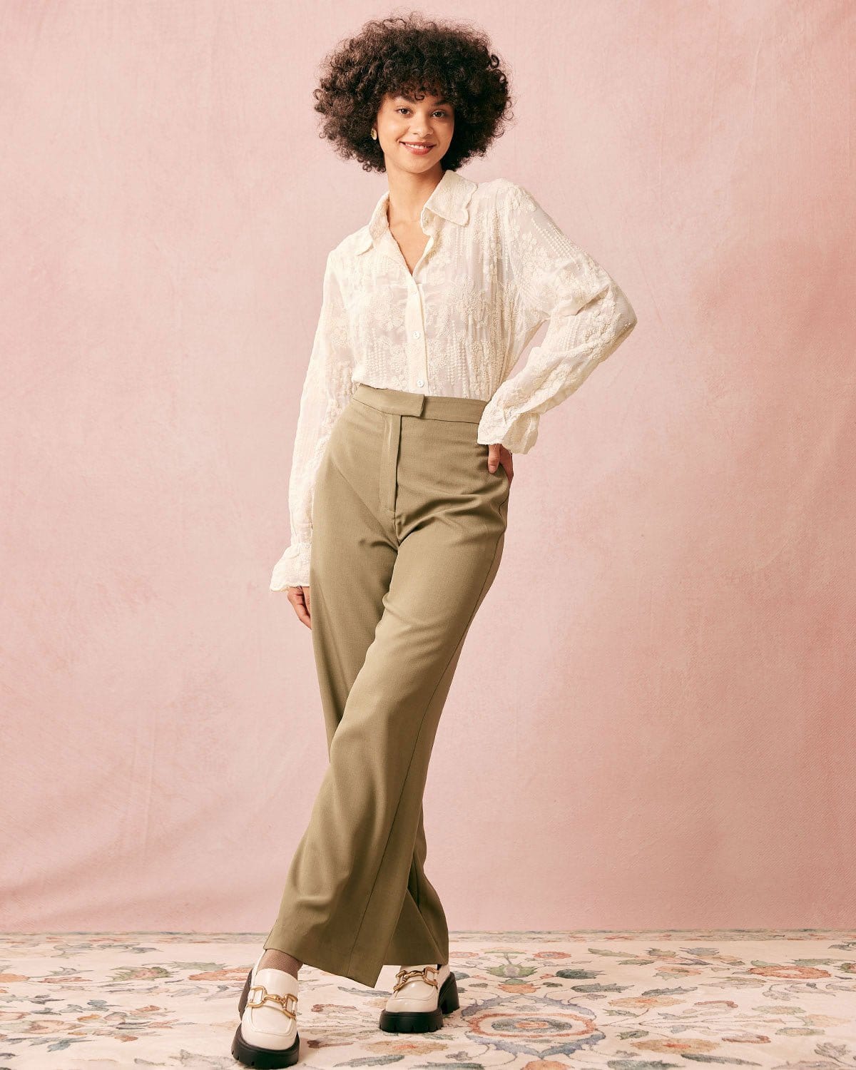 The Beige Lapel Embroidery Long Sleeve Blouse - Image 5