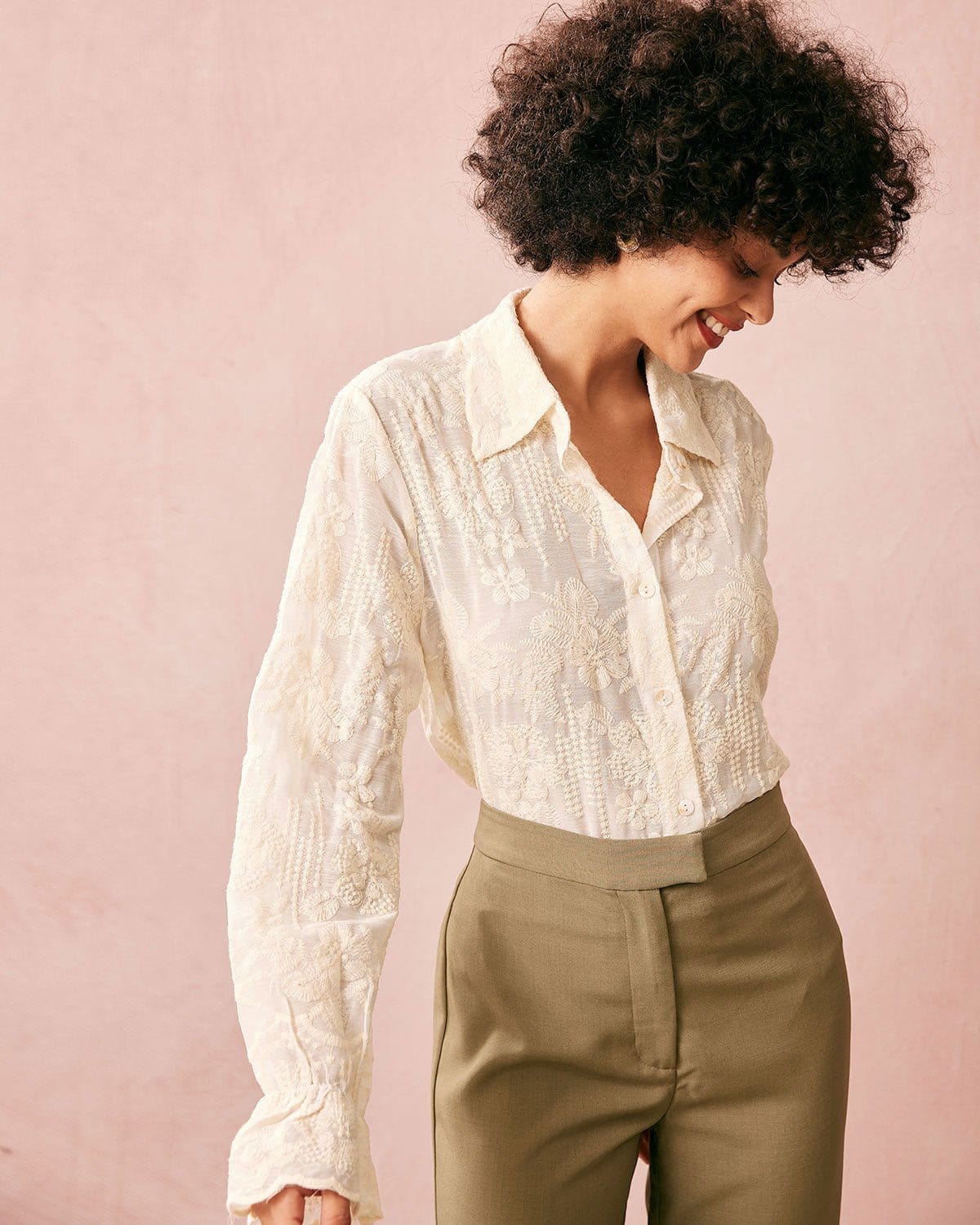 The Beige Lapel Embroidery Long Sleeve Blouse - Image 3