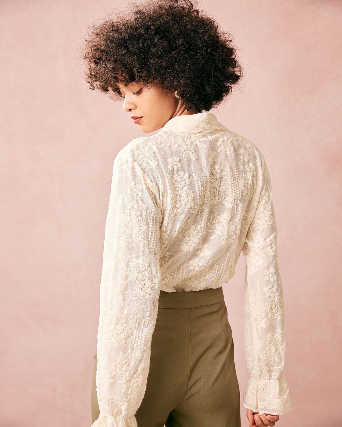 The Beige Lapel Embroidery Long Sleeve Blouse - Image 4